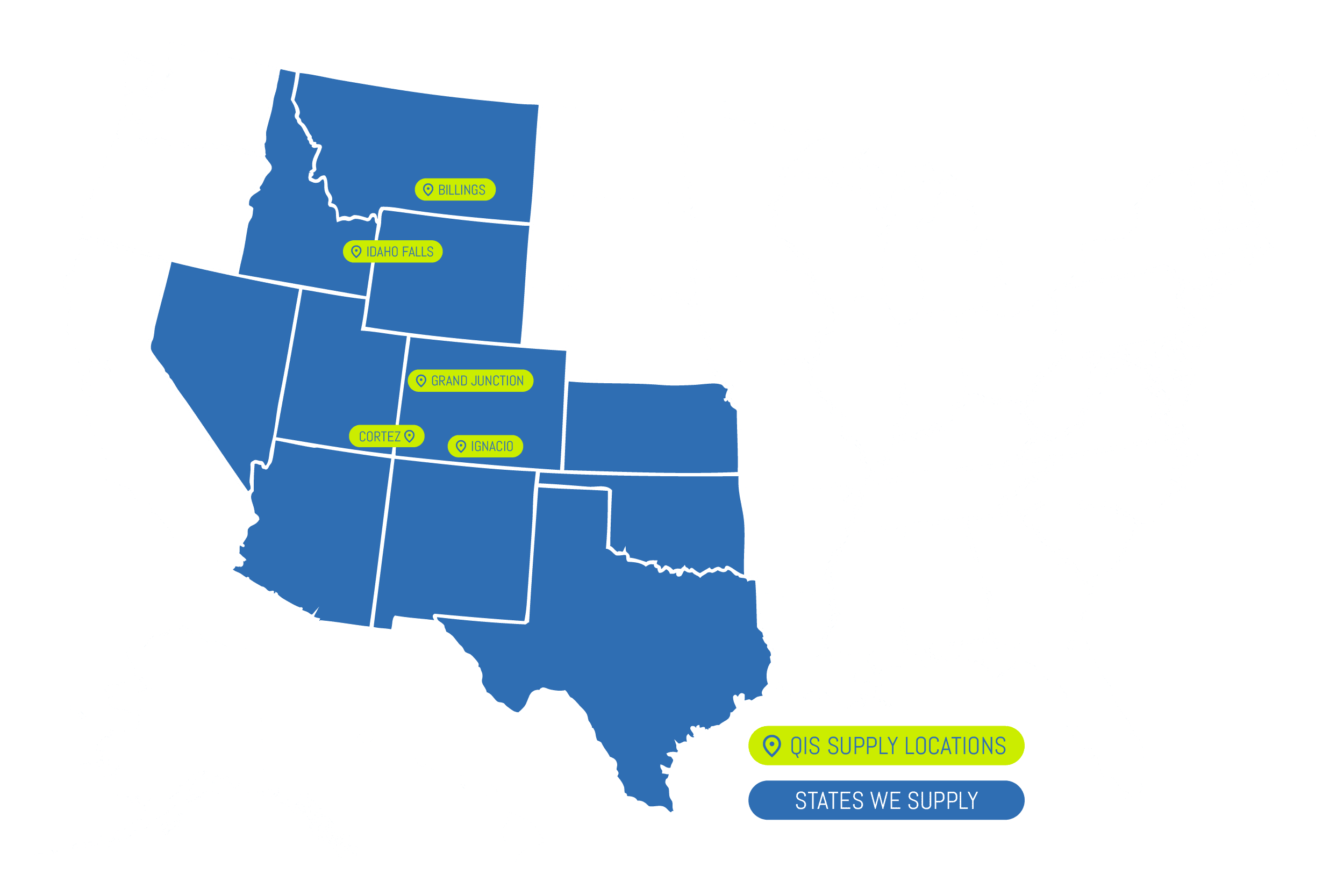 Map of the united states highlighting the states that QIS Supply serves, namely Montana, Idaho, Wyoming, Colorado, Utah, Nevada, New Mexico, Oklahoma, Kansas and Texas, as well as their locations in Billings MT, Boise ID and Grand Junction, Cortez, and Ignacio CO